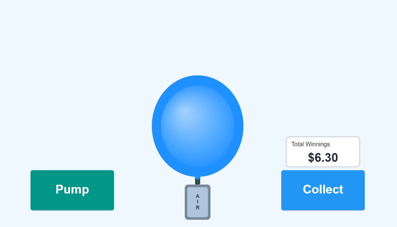 Screenshot of the Original Balloon Analogue Risk Task (BART) showing the balloon, pump button, and running earnings display